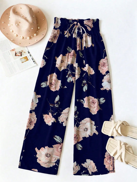 Women's Floral Print Wide Leg Pants, Casual Elastic Waist Drawstring Palazzo Trousers For Ladies