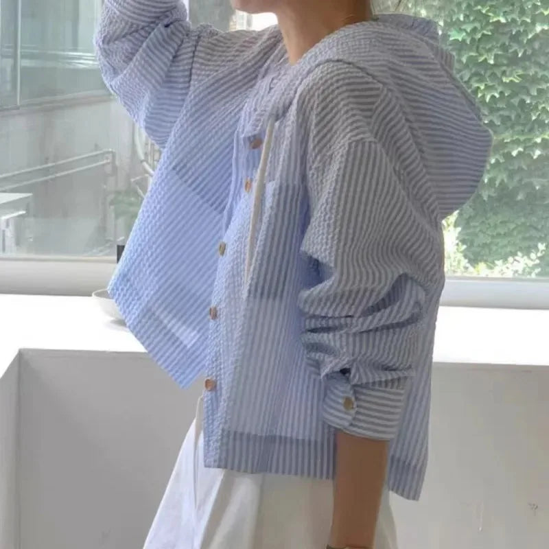 Korean Chic Breathable Stripe Contrast Color Hooded Shirt for Women Loose Long Sleeve Sunscreen Short Fit Single Match All Seaso