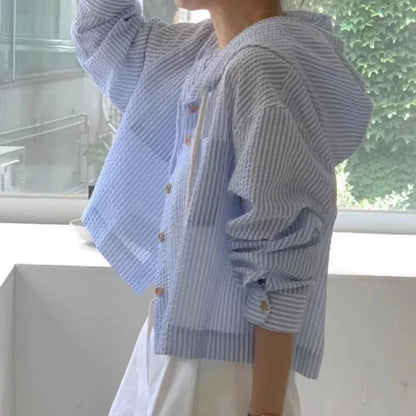 Korean Chic Breathable Stripe Contrast Color Hooded Shirt for Women Loose Long Sleeve Sunscreen Short Fit Single Match All Seaso