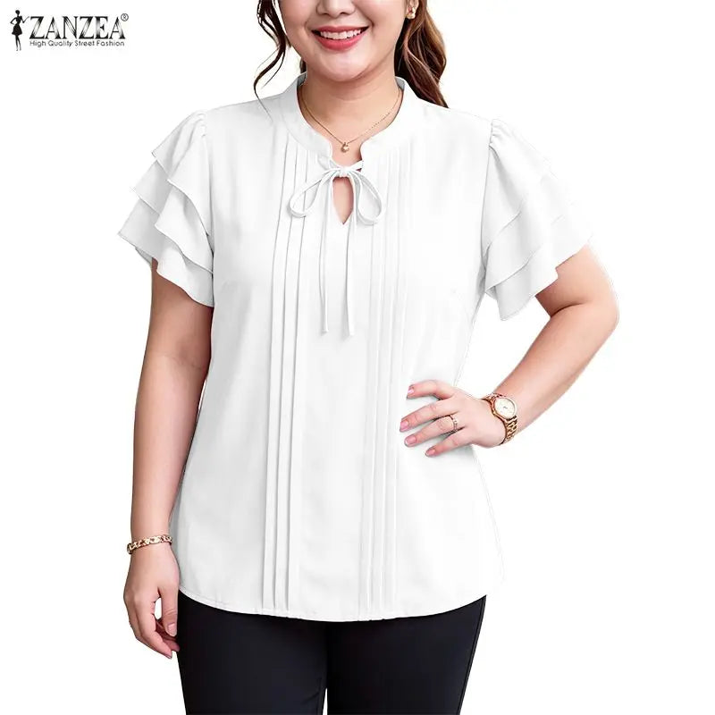 ZANZEA 2026 Woman Elegant Blouses Tie Neck Layered Ruffles Sleeves Pintuck Solid Tops Summer Casual Daily Wear Blusas Mujer 3XL