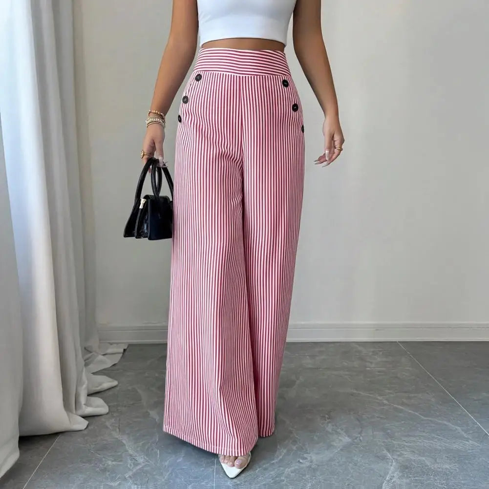 Striped Wide Leg Pants for Women, Loose Casual High Waisted Trousers with Button, Breathable Palazzo Pants with Pockets