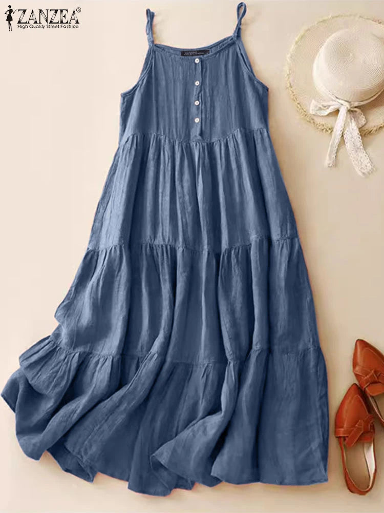 2024 ZANZEA Summer Fashion Solid Ruffles Midi Sundress Elegant Casual Spaghetti Strap Holiday Dress Women A-line Party Vestido
