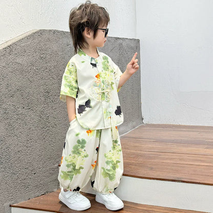 Short Sleeve Tops Shorts 2 Piece Set Boy Outfit Casual Kids Clothes Baby Tang Hanfu Suit Boys Costume Children's Sets Summer