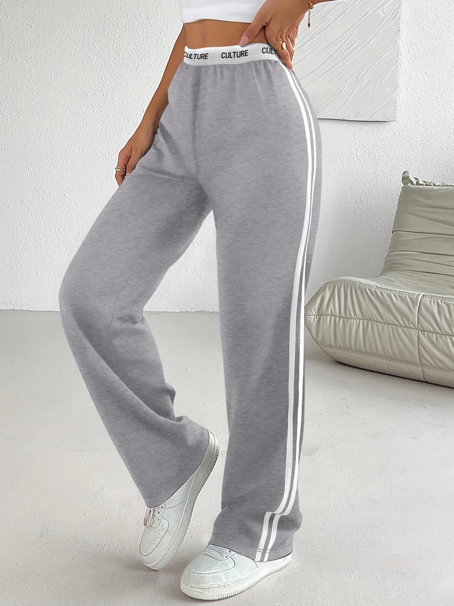 Side Stripe Wide Leg Sweatpants - "CULTURE" Print Waistband Casual Pants for Women