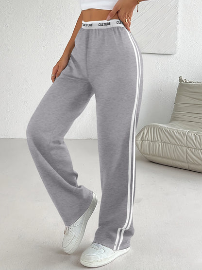 Side Stripe Wide Leg Sweatpants - "CULTURE" Print Waistband Casual Pants for Women