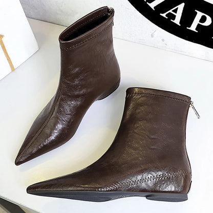 Retro Women's Boots Low Heeled Ankle Boots With Wedges Heels Women Shoes Rear Zipper Ladies' Leather Boots Pointed Short Boots