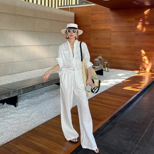 Loose Fit Linen Shirt Set Women Summer Thin Sun Protection Casual Wide Leg Pants Two Piece Suit Comfortable Breathable