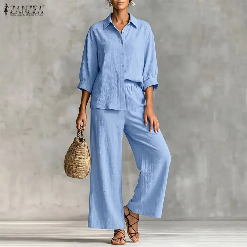 ZANZEA Plus Size 5XL Women Crinkled Fabric Pant Sets 3/4 Sleeve Shirt & Wide Leg Pant 2-Piece Sets Autumn Daily Casual Co-ords