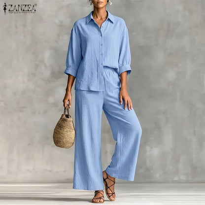 ZANZEA Plus Size 5XL Women Crinkled Fabric Pant Sets 3/4 Sleeve Shirt & Wide Leg Pant 2-Piece Sets Autumn Daily Casual Co-ords
