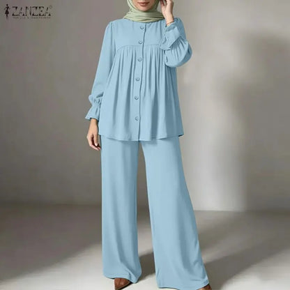 2026 ZANZEA Fashion Women Muslim 2 Piece Sets Casual O Neck Long Sleeve Tops Trousers Suit Ramadan Outfits Solid Color Tracksuit