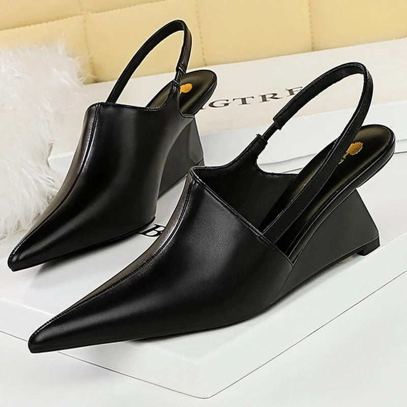 Bigtree Shoes New Designer Wedge Heels Shoes Hollow Back Strap Sandals Women Summer Shoes 2026 Fashion Pointed Tip Women Pumps