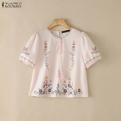 ZANZEA Fashion Summer Blouses Casual Short Sleeve Blusas Women Blouse Floral Print Tops OL Work Party Tunic Streetwear Oversize