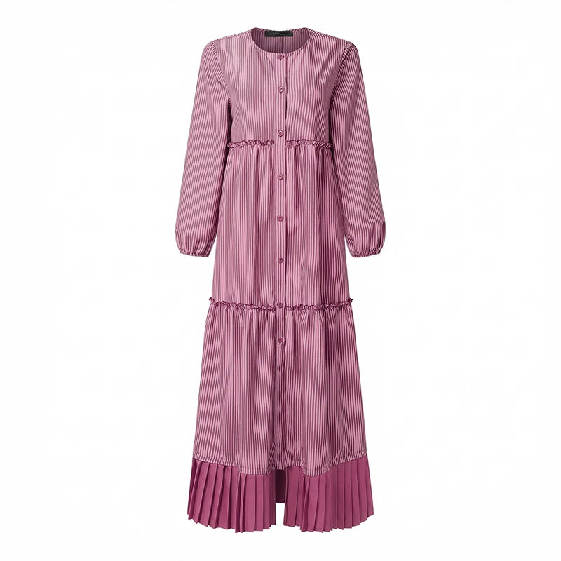 2026 ZANZEA Casual O Neck Long Sleeve Striped Patchwork Dresses Women Muslim Dress Abaya Robe Femme Dubai Hijab Sundress Kaftan