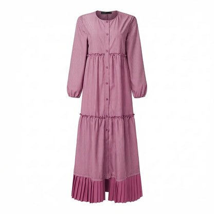 2026 ZANZEA Casual O Neck Long Sleeve Striped Patchwork Dresses Women Muslim Dress Abaya Robe Femme Dubai Hijab Sundress Kaftan