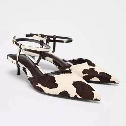 Summer Sandals Women Genuine Leather Women Mid Heels Horse Leather Leopard Print Large Size Pointed Toe Women Sandals