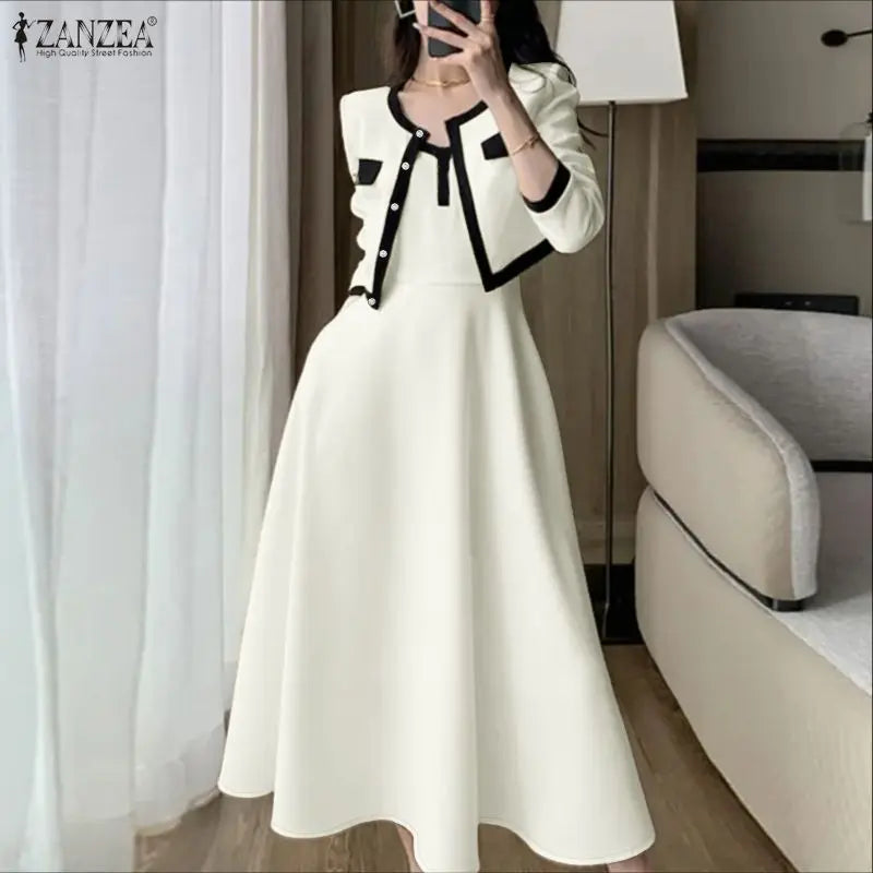 ZANZEA Elegant Women OL Work Dress Sets 2026 Spring Office Outfits Long Sleeve Slim Fit Cropped Tops Cardigan Maxi Tanks Dress