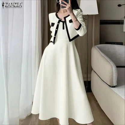 ZANZEA Elegant Women OL Work Dress Sets 2026 Spring Office Outfits Long Sleeve Slim Fit Cropped Tops Cardigan Maxi Tanks Dress