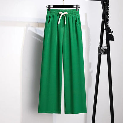 155Kg Plus Size Women's Loose Straight Pants Thin Summer High Waist Closed Ice Silk Trouser Hip 150 5XL 6XL 7XL 8XL 9XL 4 Colors