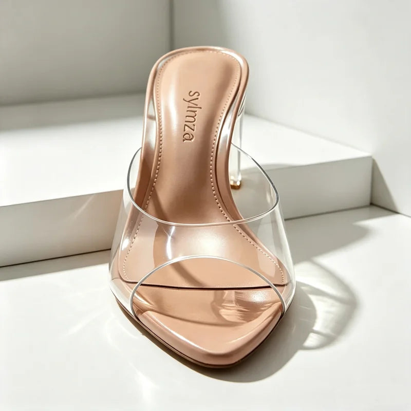 Sexy Pointed Toe Peep Toe Heeled Sandals Women Transparent PVC Design Women Slippers Summer Elegant Women Shoes Mules Sandalias