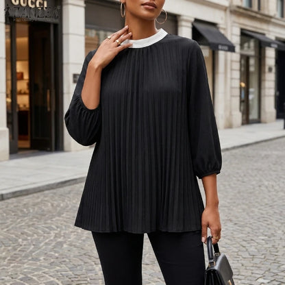 ZANZEA Women Fashion Pleated Front Blouses Contrast-Color O-Neck 3/4 Puff Sleeve Loose A-Line Tops Chic Blusa Mujer Streetwear