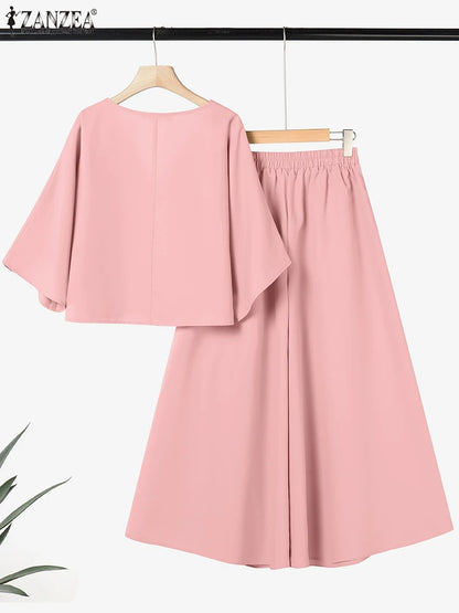 ZANZEA Summer Women Two Pieces Sets 2PCS Outfit V-Neck 3/4 Sleeve Blouse Wide Leg Trousers Suit Casual Solid Work Tracksuit 2025
