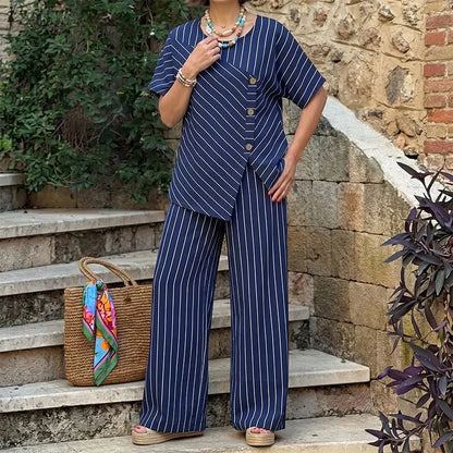 ZANZEA Stylish Summer 2 Pieces Sets Women Striped Tracksuit O Neck Short Sleeve Blouse Pants Sets Holiday Outfits Matching Sets