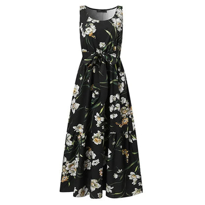Summer Sweet Style Print Sleeveless Dresses Women High Waist Lace-up O Neck Pullover Dress Casual Female Frock Pleated Hem Gown