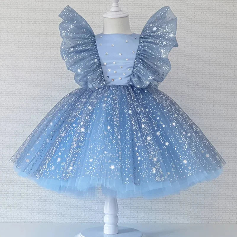 Toddler Baby Girls Luxury Star Sequins Flying Sleeve Bow Princess Dress For Infant 1st Year Birthday Baptism Christmas Prom Gown