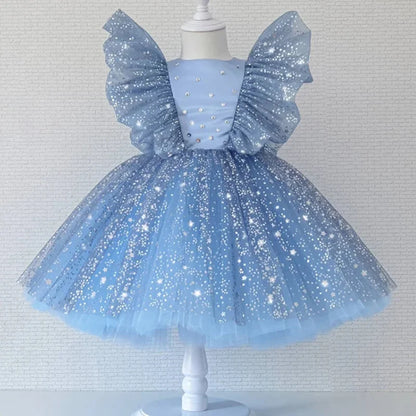 Toddler Baby Girls Luxury Star Sequins Flying Sleeve Bow Princess Dress For Infant 1st Year Birthday Baptism Christmas Prom Gown