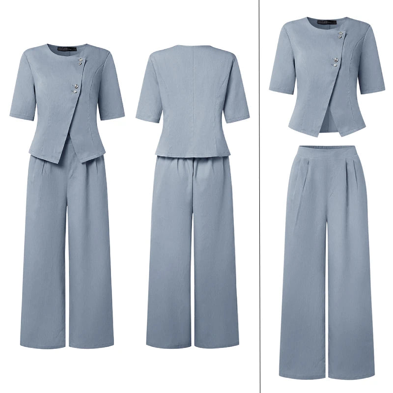 ZANZEA Women's Casual Pant Sets Wide Leg Pant & Short Sleeve Asymmetric Placket Tops 2 Pieces Sets Commute Pant Suits Outfits