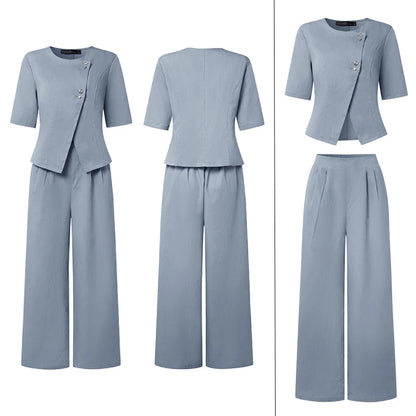 ZANZEA Women's Casual Pant Sets Wide Leg Pant & Short Sleeve Asymmetric Placket Tops 2 Pieces Sets Commute Pant Suits Outfits