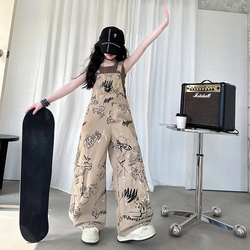 Child Vintage Americana Street Style Overalls Jumpsuit with Drawings for Kids Girl Dungarees Fashion Khaki Suspender Bib Pants