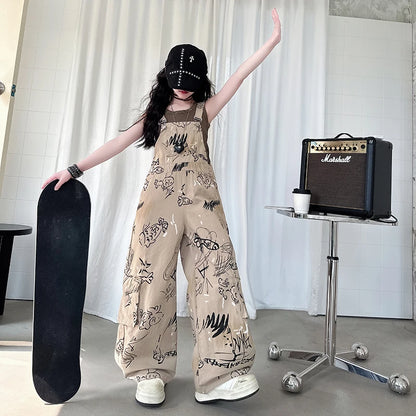 Child Vintage Americana Street Style Overalls Jumpsuit with Drawings for Kids Girl Dungarees Fashion Khaki Suspender Bib Pants