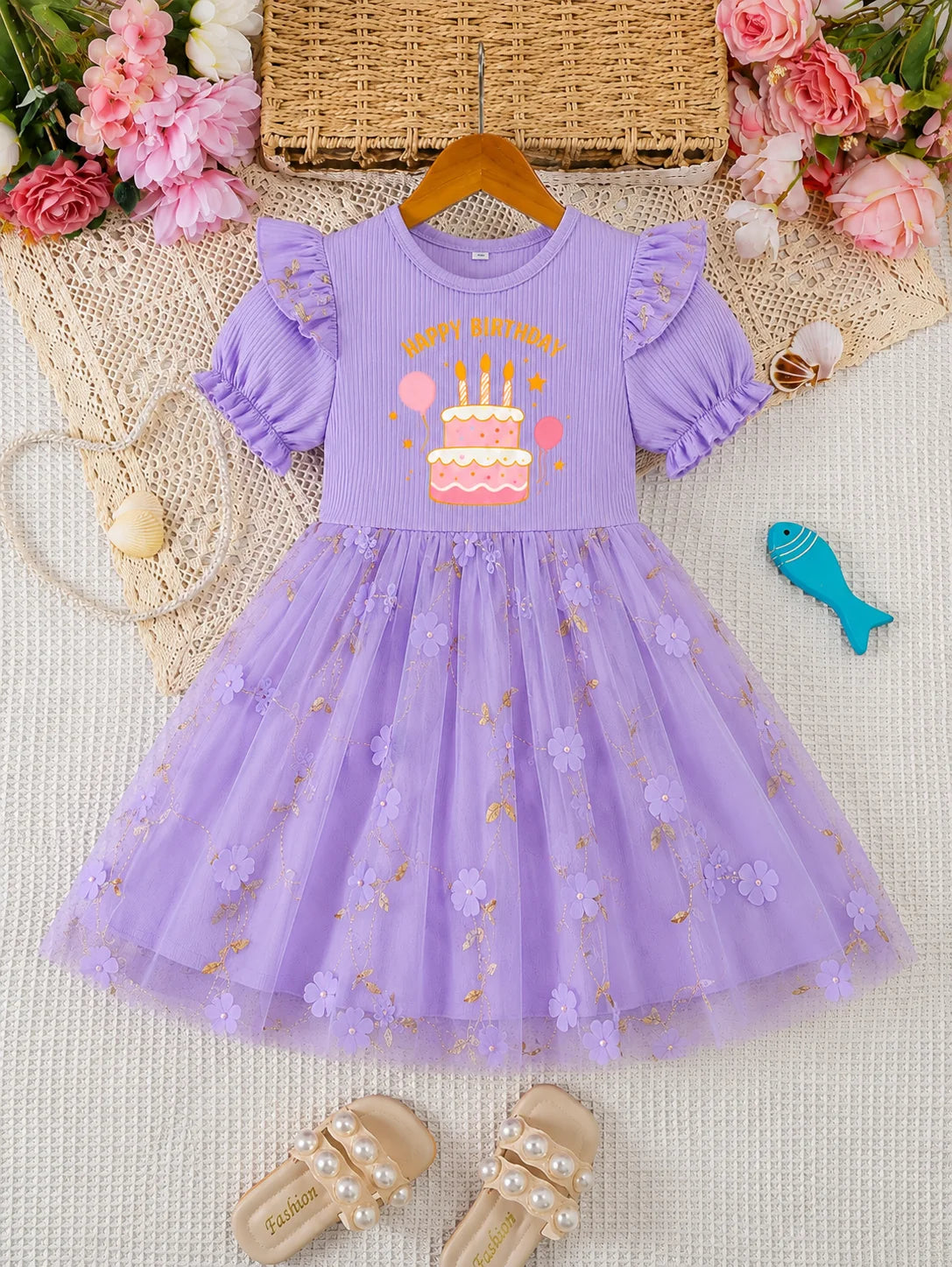 Kids Girls Purple Birthday Cake Print Tulle Dress 3D Floral Embroidery Ruffle Sleeve Party Princess Dress