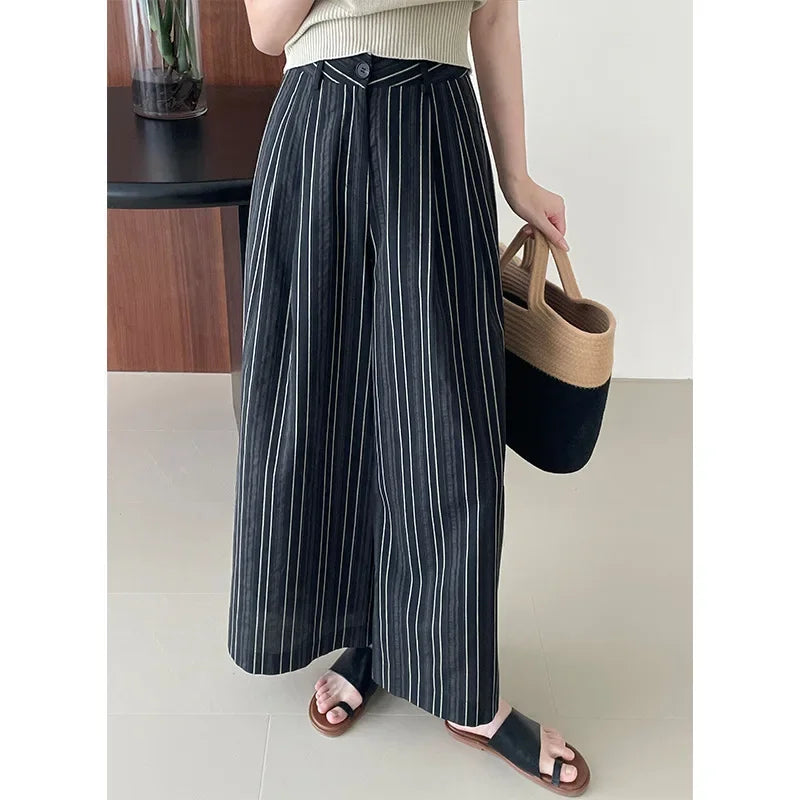 Taochuan Casual Striped Straight Leg Pants Women's Lazy Style High Waist Versatile Slimming Long Trousers Comfortable Fit