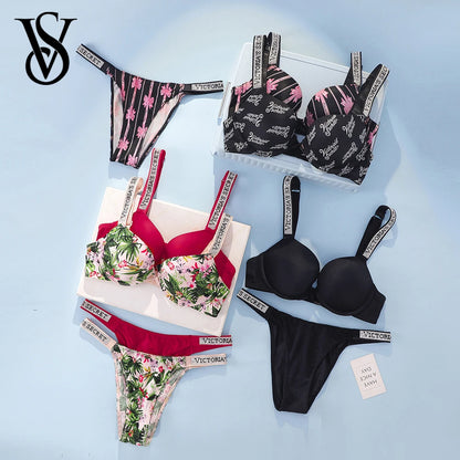 Victoria Secret Sexy Lingerie Set Very Sexy Logo Shine Strap Tropical Floral Push Up Bra Shine Script Thong Panty