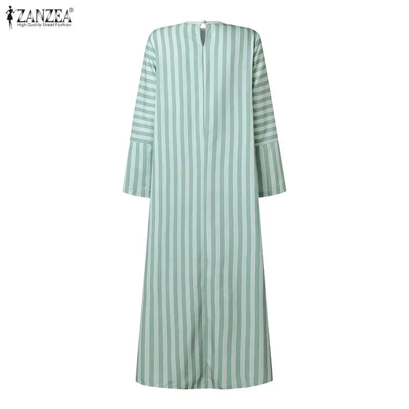 Ramadan Abaya Muslim Dress ZANZEA Women Striped Maxi Dresses Elegant O Neck Long Sleeve Pleated Sundress Robe Casual Kaftan