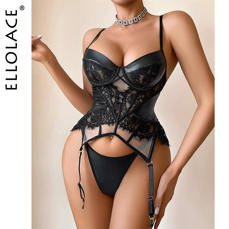 Ellolace Premium Women's Lingerie Sets Willowy Spliced PU Mesh Corset Bra Thong 2PC Sensual Leather Fetish Stiff Bustier Outfits