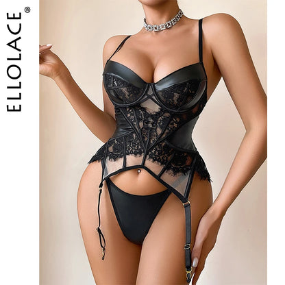 Ellolace Premium Women's Lingerie Sets Willowy Spliced PU Mesh Corset Bra Thong 2PC Sensual Leather Fetish Stiff Bustier Outfits