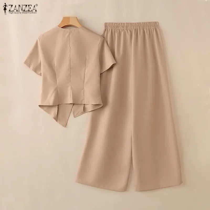 2026 Summer Pant Sets ZANZEA Fashion Women 2 Pieces Sets Short Sleeve Blouse Wide Leg Trousers Solid OL Work Outfits Tracksuit