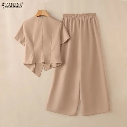 2026 Summer Pant Sets ZANZEA Fashion Women 2 Pieces Sets Short Sleeve Blouse Wide Leg Trousers Solid OL Work Outfits Tracksuit