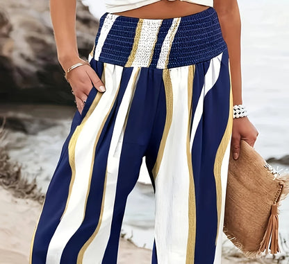 Women's Summer Casual Floral Print Elastic Wide-Waist Wide-Leg Pants Comfortable Loose-Fit Trousers Suitable for Vacation and Daily Casual Wear
