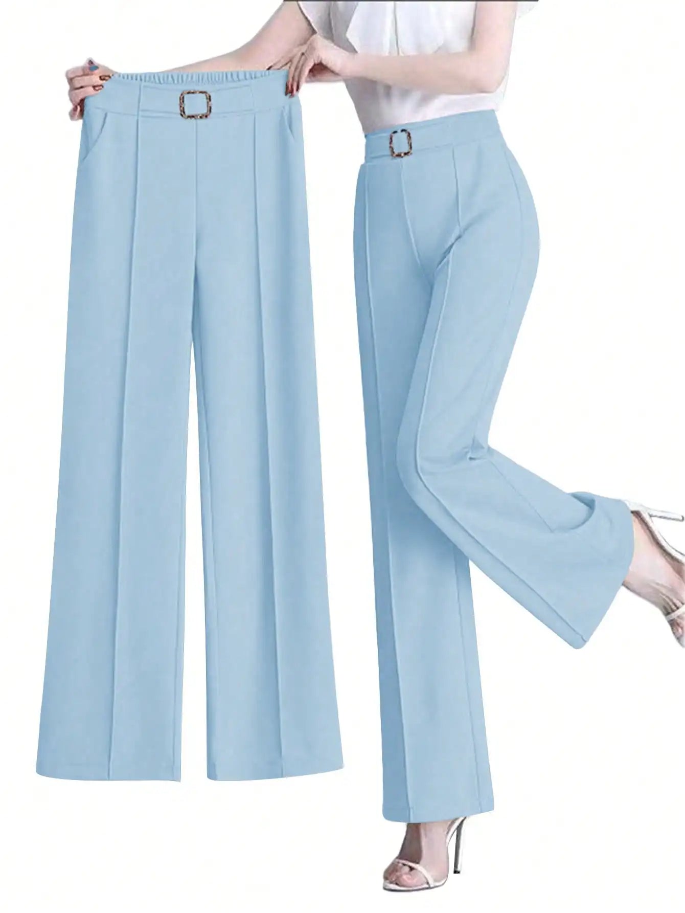 Women's Elegant Solid Color Toothpick Striped Design Straight Leg Loose Casual Commuter Pants Palazzo Trousers
