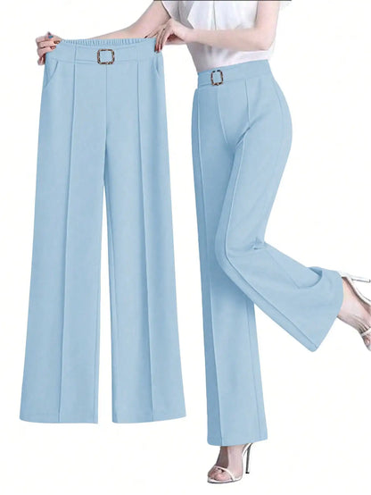 Women's Elegant Solid Color Toothpick Striped Design Straight Leg Loose Casual Commuter Pants Palazzo Trousers