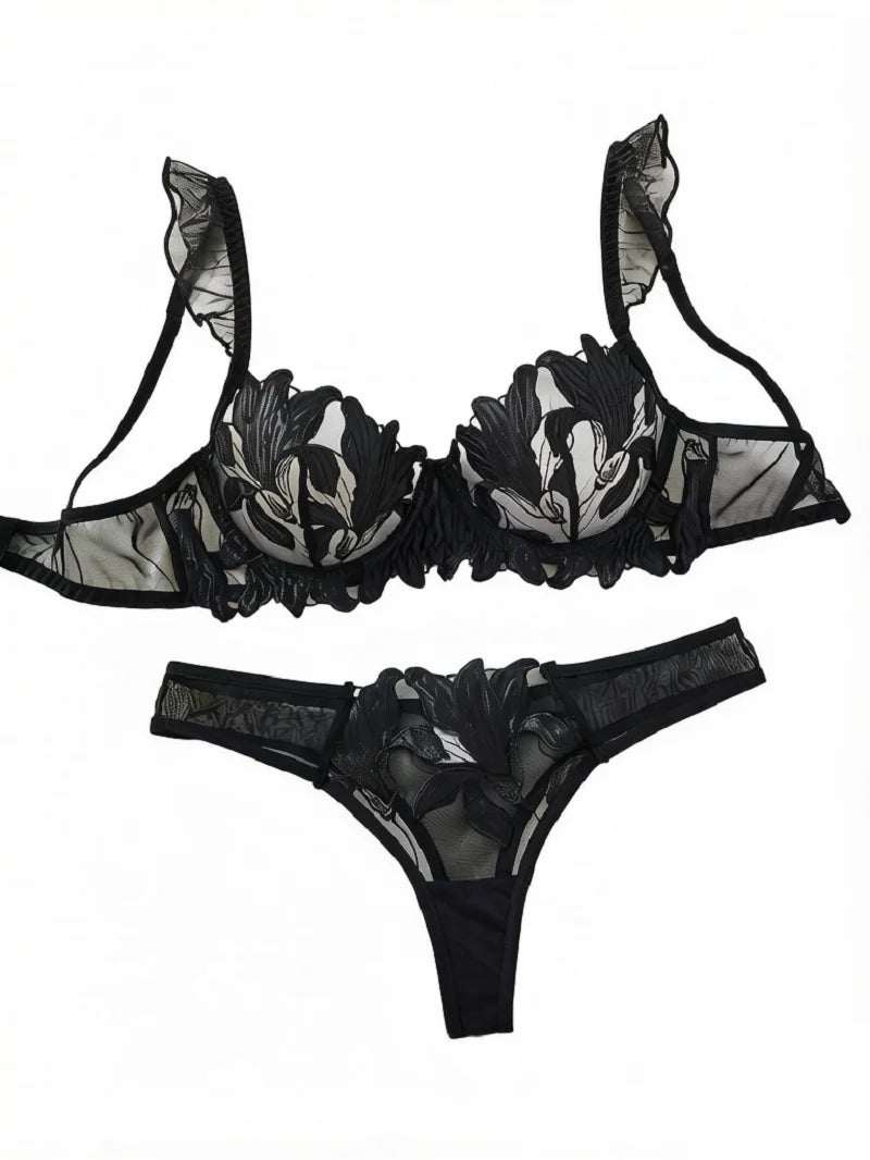 Sexy Black Floral Embroidery Lingerie Set Sheer Mesh Ruffle Sleeve Underwire Bra Panty Intimate Wear