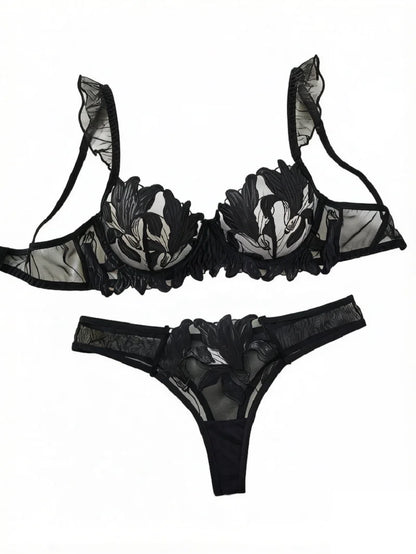 Sexy Black Floral Embroidery Lingerie Set Sheer Mesh Ruffle Sleeve Underwire Bra Panty Intimate Wear