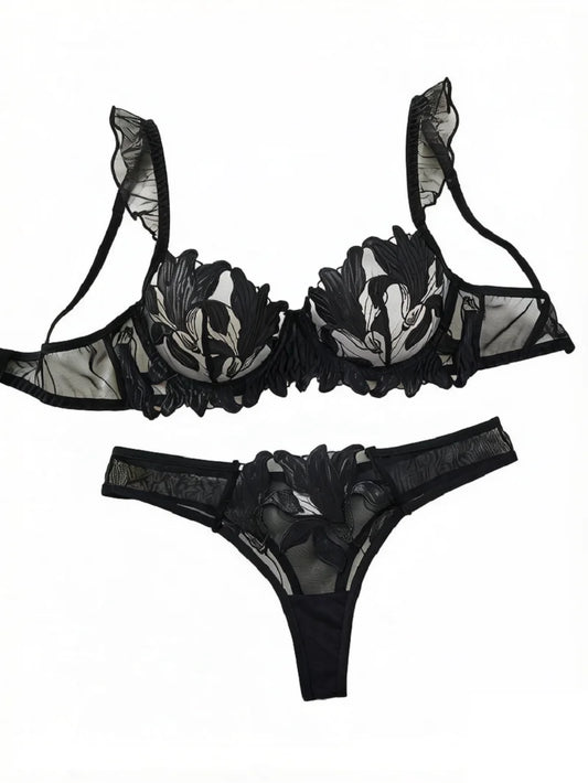 Sexy Black Floral Embroidery Lingerie Set Sheer Mesh Ruffle Sleeve Underwire Bra Panty Intimate Wear