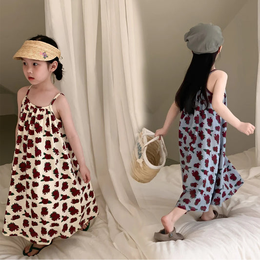 Sleeveless Beach Dress 2026 summer girls' Korean version suspender long dress printed rose Loose dress For 2-9 yrs Baby Girls
