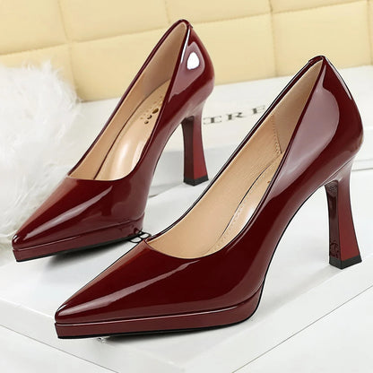 BIGTREE Shoes Platform Women Pumps Patent Leather High Heels Pointed Chunky Heels 9.5 cm Sexy Party Shoes Luxury Banquet Shoes