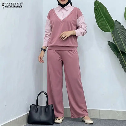 Autumn Outfits ZANZEA Women Casual Long Sleeve Stripe Patchwork Tops Shirt Elastic Waist Trousers Suit Muslim Matching Sets